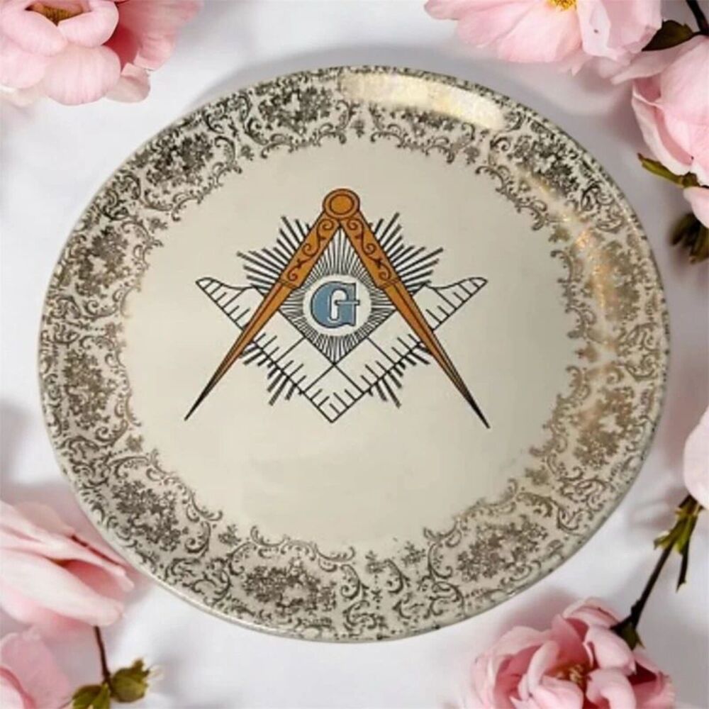 Masonic Dinner Plate 9.25" Gilded Gold Border 1950's Uncle Sam's Country Store